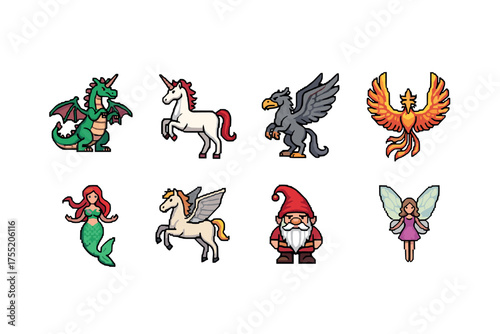 Colorful fantasy creatures collection featuring dragon, unicorn, griffin, and phoenix