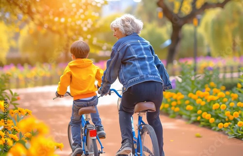 Senior Woman and Young Boy Riding Bicycles Through Colorful Park in Spring. video.