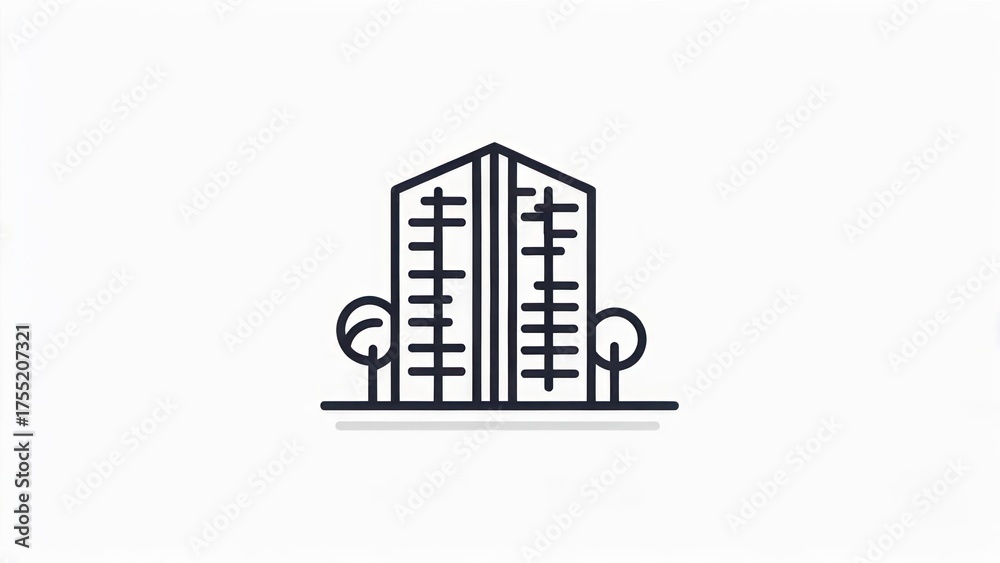 Naklejka premium A stylized minimalist line drawing of a skyscraper flanked by trees against a white backdrop