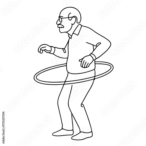 Elderly man spinning hula hoop one line minimalist vector illustration