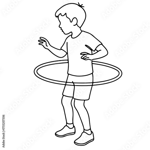 Boy spinning hula hoop one line minimalist vector illustration