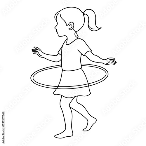 Girl spinning hula hoop one line minimalist vector illustration