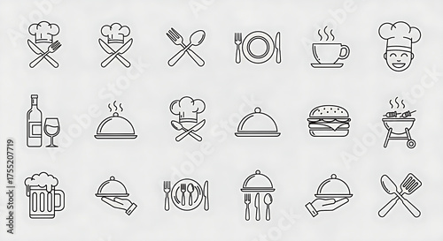 Restaurant culinary icons, perfect for menus, chef websites, or food blogs. Outline food symbols include burger, grill, wine, beer, and chef hat for a modern design