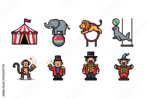 Colorful circus icons featuring animals, clowns, and performers