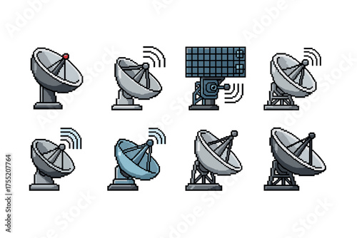 Pixel art of satellite dishes and antennas with wireless signals