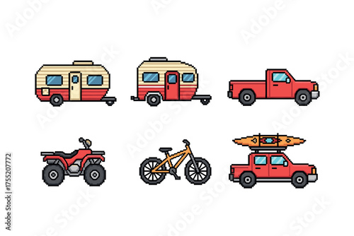 Pixel art of recreational vehicles and outdoor adventure equipment