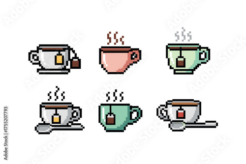 Pixel art tea cups with steam and spoons in pastel colors