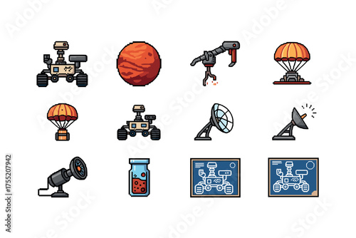 Space exploration icons: mars rover, satellite dish, parachute, robotic arm, experiment container
