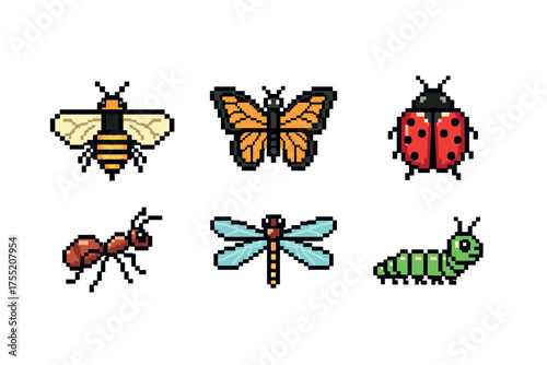 Pixel art insects collection - bee, butterfly, ladybug, ant, dragonfly, caterpillar