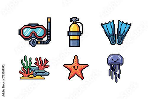 Pixel art scuba diving equipment and sea creatures: mask, tank, fins, coral, starfish, jellyfish