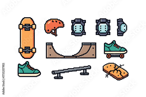 Pixel art skateboarding gear: helmet, skateboard, protective gear, skate shoes, ramps