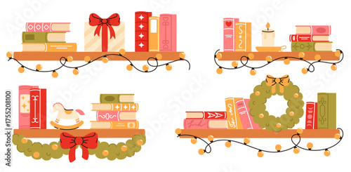 A set of Christmas shelves with books and garlands. Cute Christmas and holiday elements. Flat vector illustration.