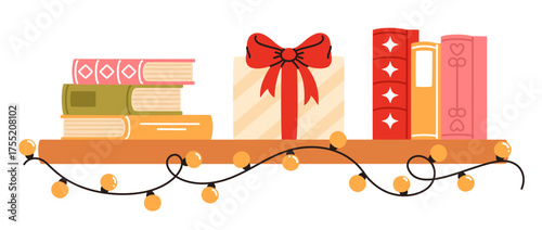 Christmas shelf with books and a gift. Flat vector illustration.