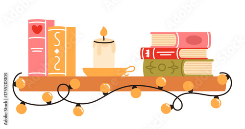 Christmas shelf with books and garland. Flat vector illustration.