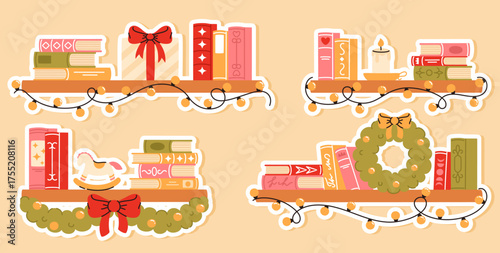 Christmas shelf stickers with books and garlands. Cute Christmas and holiday elements. Flat vector illustration.