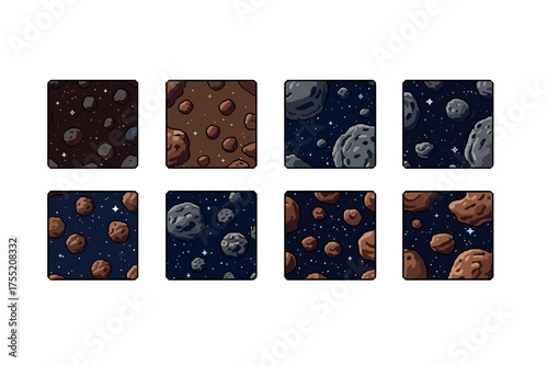 Cartoon asteroids in space patterns with stars and dark background