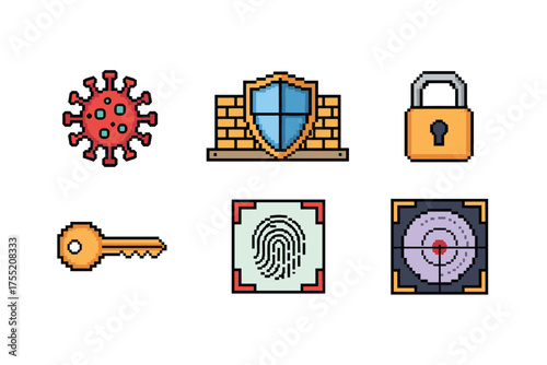 Pixel art security icons: virus, firewall, lock, key, fingerprint, target