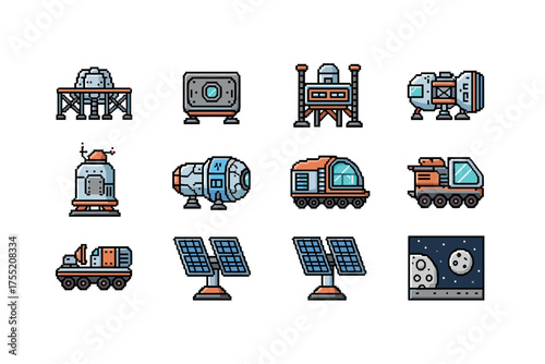 Pixel art space exploration: spacecraft, rovers, lunar modules, satellites, moon
