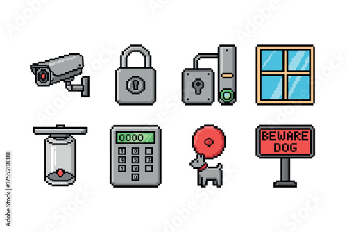 Pixel art security icons: camera, lock, alarm, dog, window, beware sign, and more