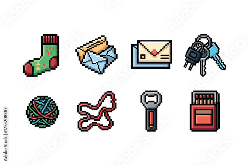 Colorful pixel art icons: sock, envelope, keys, yarn, shapes, bottle opener, matchbox