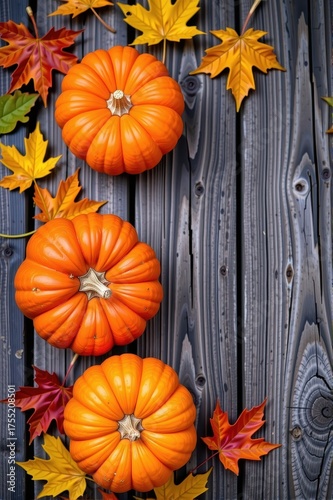 Rustic fall background featuring vibrant orange pumpkins and autumn leaves on weathered wood, design, image