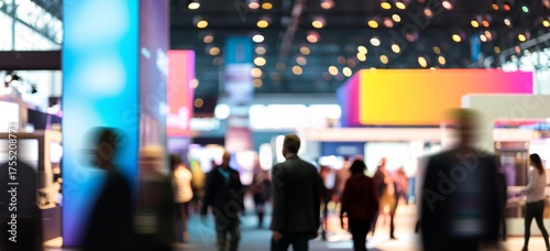 Abstract Motion Blur of a Crowd Walking Through a Large Tech Conference or Trade Show Hall. Perfect for conveying the energy of industry events, networking, business speed, or technology buzz.