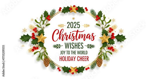 Golden Stars and Holly on a Festive Christmas Wreath