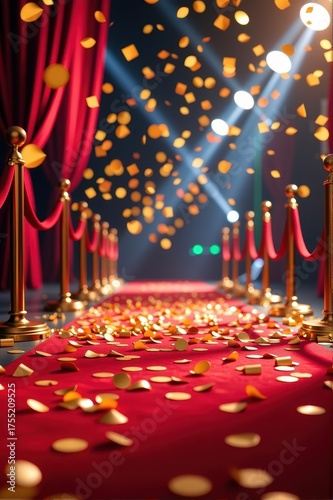 Luxurious red carpet strewn with shimmering gold confetti, perfect for awards ceremonies or celebratory events, gold confetti, event, rich