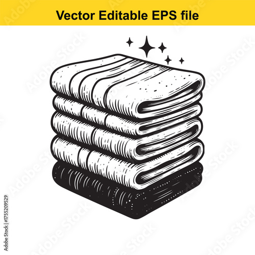 Vector art of stack of four folded towels with a simple pattern and sparkles