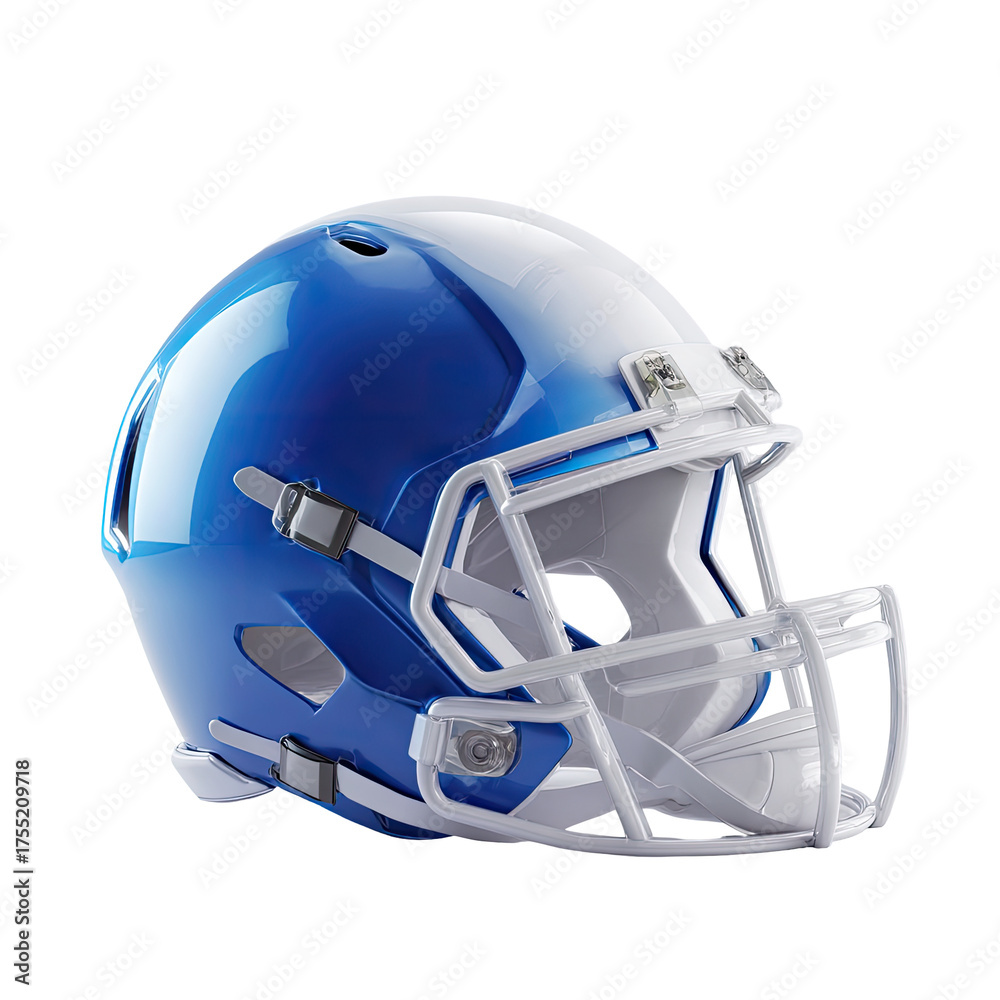 Naklejka premium Glossy blue and white football helmet, angled view, showcasing modern design and protective facemask