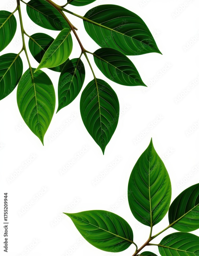 Fototapeta premium Vibrant green leaves isolated on a pure white background, perfect for design projects and nature-themed compositions, macro, plant, leaves