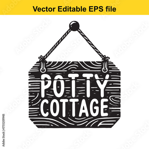 Vector art of rustic wooden sign with the words potty cottage hanging from a rope