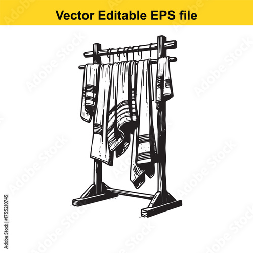 Vector art of hand drawn illustration of towels hanging on a wooden rack