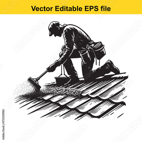 Illustration of a roofer cleaning a roof with a brush and bucket