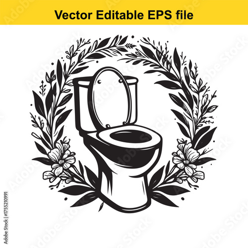 Vector art of black and white illustration of a toilet with an open lid, surrounded by a floral wreath
