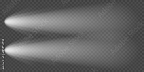 Lighthouse camera light, Car headlight top view. Motorcycle front flashlight flare, png overlay. White beacon beam effect, vector. Night street vehicle led spots isolated. Speed fog road truck aerial