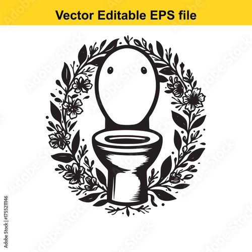 Vector art of black and white illustration of a toilet with closed lid, framed by a floral wreath