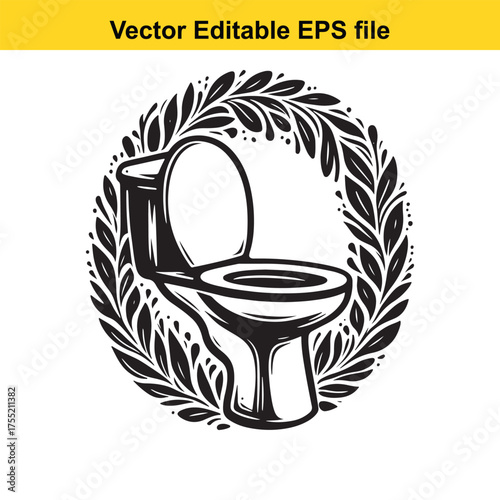 Vector art of black and white illustration of a toilet bowl with a decorative wreath