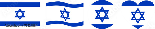 A diverse collection of vector icons of the flag of Israel in four distinct shapes, including rectangular, waving, circular, and heart,