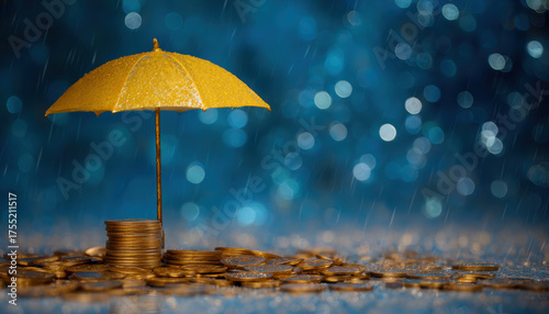 Wallpaper Mural Gold umbrella shelters coins on blue bokeh background, creating sense of protection and prosperity Torontodigital.ca