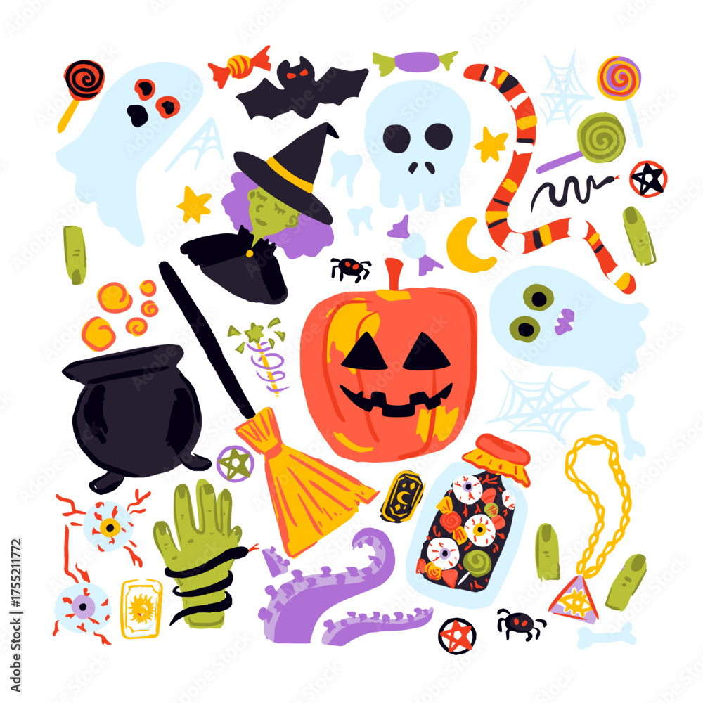 Fototapeta premium Halloween Sketch Set over White Background. Vector Illustration of Hand Drawn Doodle 31 October Holiday. Trick or Treat. Jack o Lantern Witch Skull.