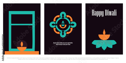Set of three modern, vertical Happy Diwali greetings featuring abstract geometric illustrations of a diya in a window, a decorative mandala, and a diya in a teal lotus flower.