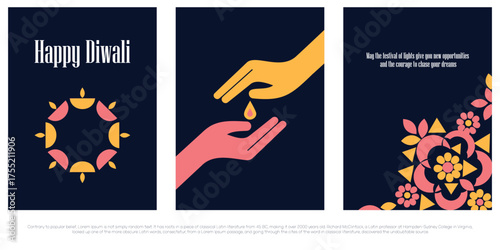 Set of three modern, vertical Happy Diwali greetings featuring abstract geometric diya circle, light drop in hands, and detailed traditional floral motif on a dark blue background.