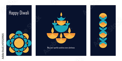 Set of three modern, vertical Happy Diwali greetings featuring abstract geometric floral motifs, a stacked diya arrangement, and a decorative pattern on a dark blue background.