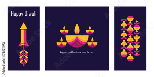 Set of three modern, vertical Happy Diwali greetings featuring abstract geometric firecracker, central diya lamp arrangement, and a festive pattern on a dark indigo background.