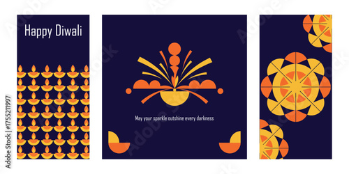 Set of three abstract, modern vertical Happy Diwali greetings featuring a diya lamp pattern, a geometric firework burst, and a circular mandala motif on a dark blue background.