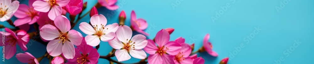 Obraz premium Vibrant pink and white spring blossoms arranged on a serene blue backdrop. Perfect for celebrating the season, festive, vibrant, nature