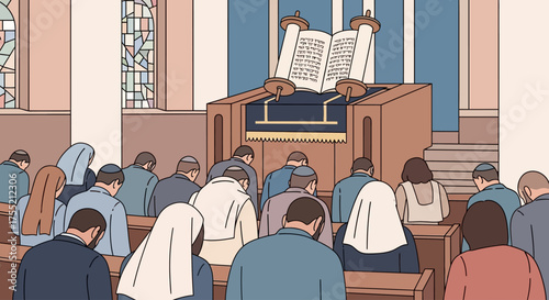Illustration of people praying in a synagogue with Torah scroll.