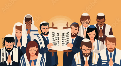 Illustration of a diverse group of people reading from a Torah scroll.