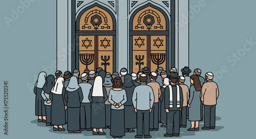 Group of people standing in front of a building with religious symbols.